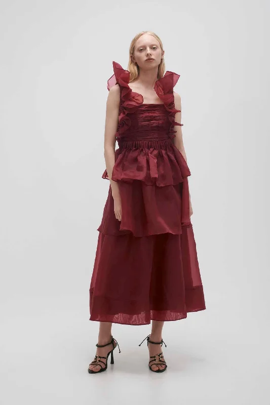 Asra Pleated Frill Midi Dress