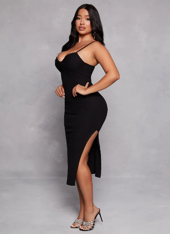 Almost Famous Ribbed Side Slit Cami Midi Dress