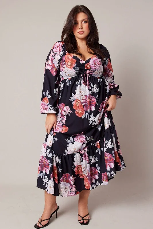 Black Floral Midi Dress Long Sleeve Ruched Bust