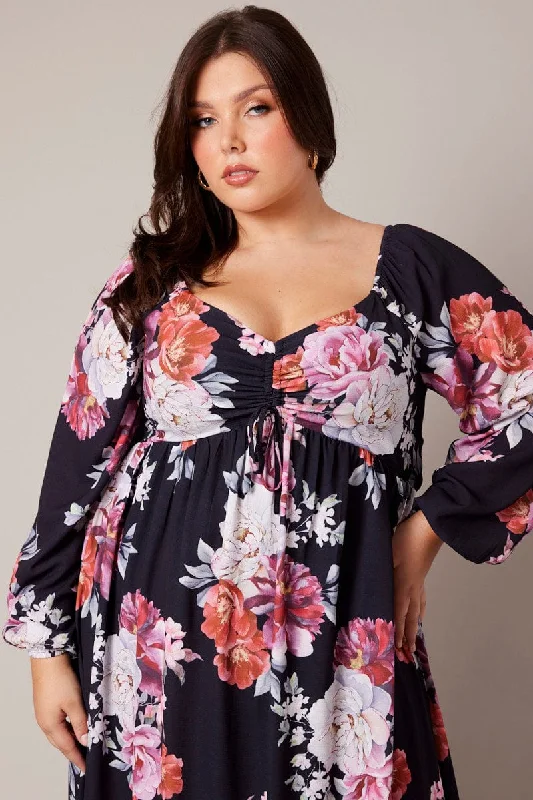 Black Floral Midi Dress Long Sleeve Ruched Bust