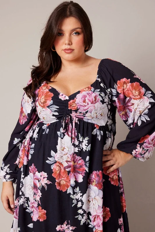 Black Floral Midi Dress Long Sleeve Ruched Bust