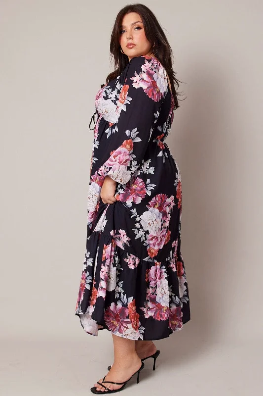 Black Floral Midi Dress Long Sleeve Ruched Bust