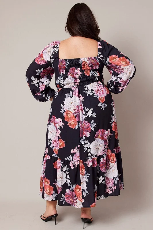 Black Floral Midi Dress Long Sleeve Ruched Bust