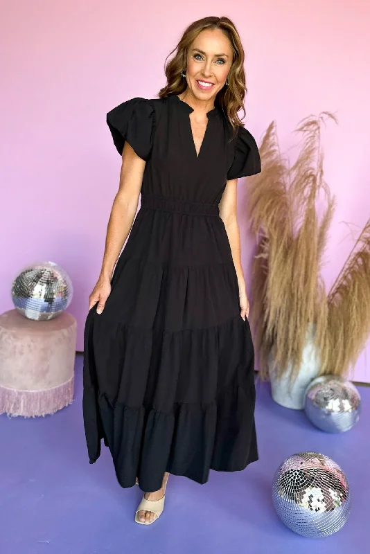 Black Split Neck Puff Short Sleeve Tiered Midi Dress