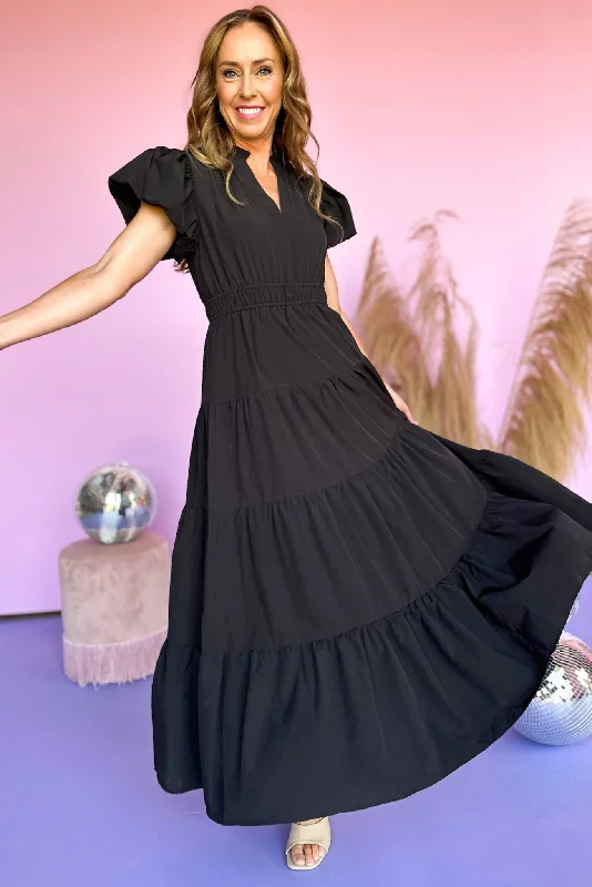 Black Split Neck Puff Short Sleeve Tiered Midi Dress