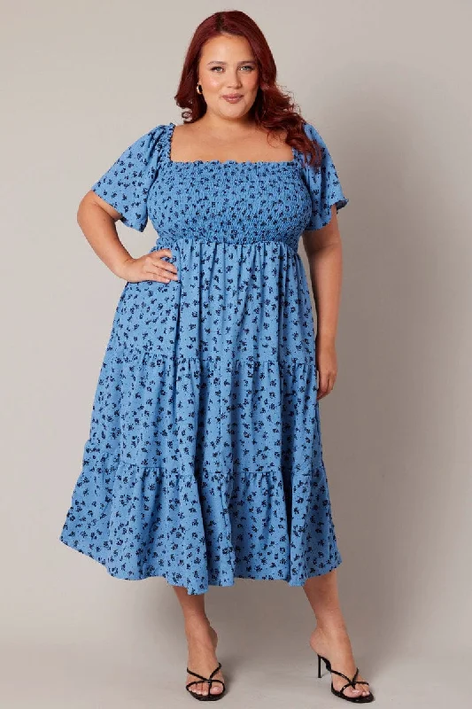 Blue Ditsy Midi Dress Short Sleeve Tiered Tie Back