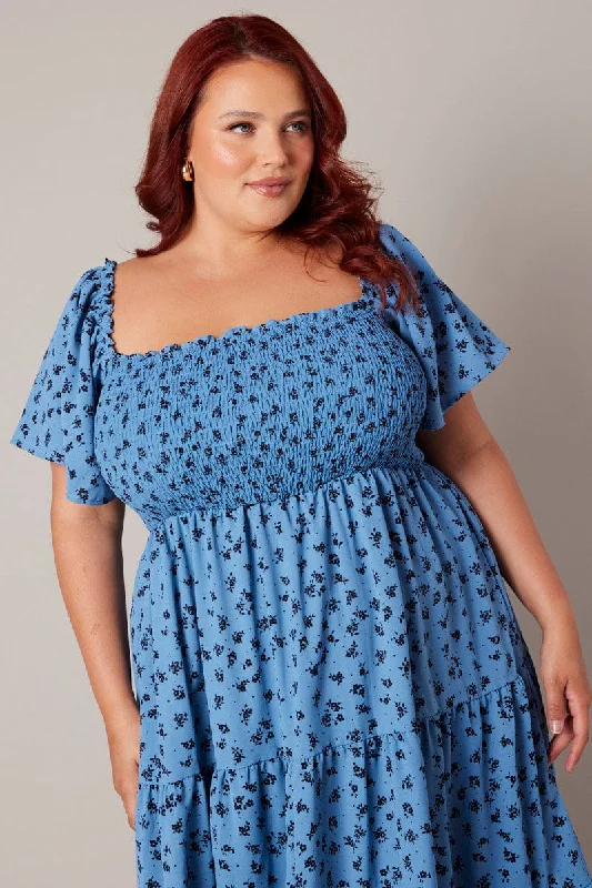 Blue Ditsy Midi Dress Short Sleeve Tiered Tie Back