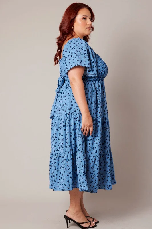 Blue Ditsy Midi Dress Short Sleeve Tiered Tie Back