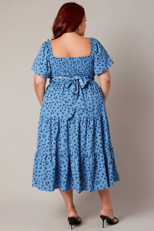 Blue Ditsy Midi Dress Short Sleeve Tiered Tie Back