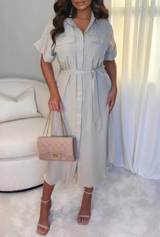 Chic Lover Beige Button Up Belted Shirt Midi Dress