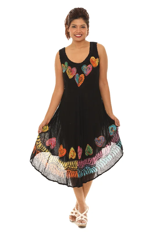 Multi-Color Embroidered Hearts Midi Rayon Sundress