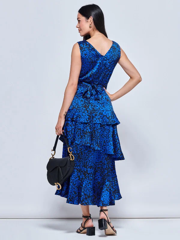 Della Crepe Frill Hem Maxi Dress, Blue Leopard