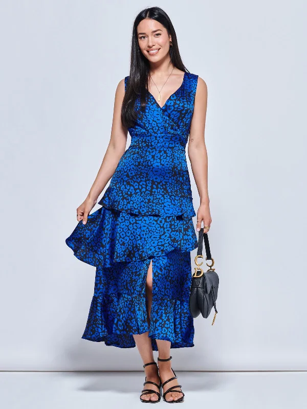 Della Crepe Frill Hem Maxi Dress, Blue Leopard