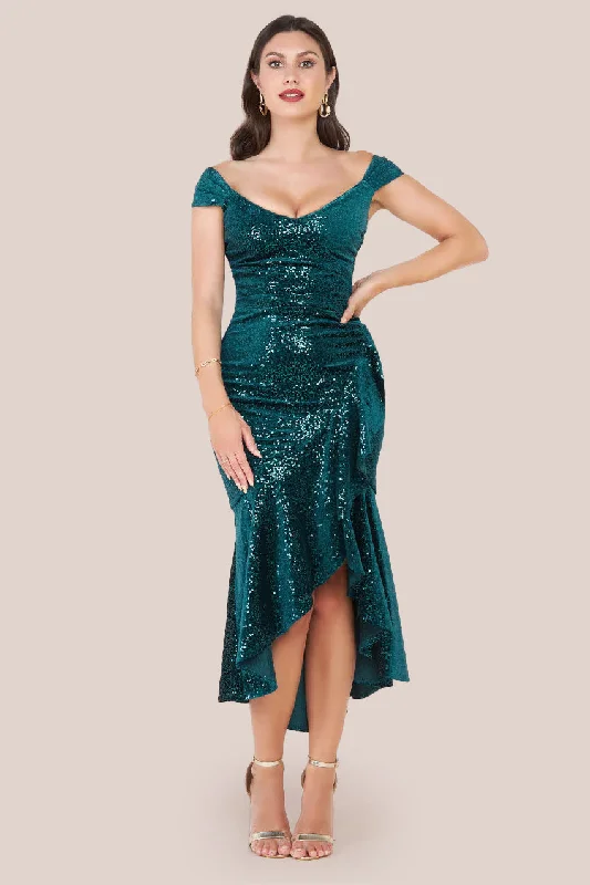 Goddiva Sequin & Velvet Bardot High Low Midaxi Dress - Emerald Green