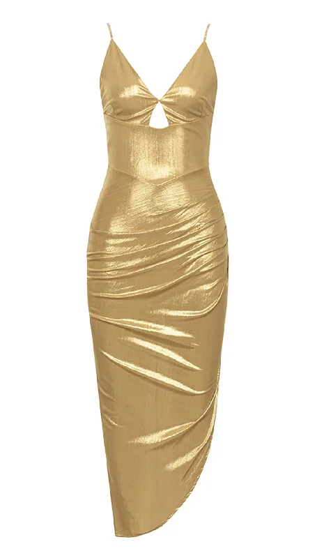 HIP WRAP SLIT MIDI DRESS IN GOLD