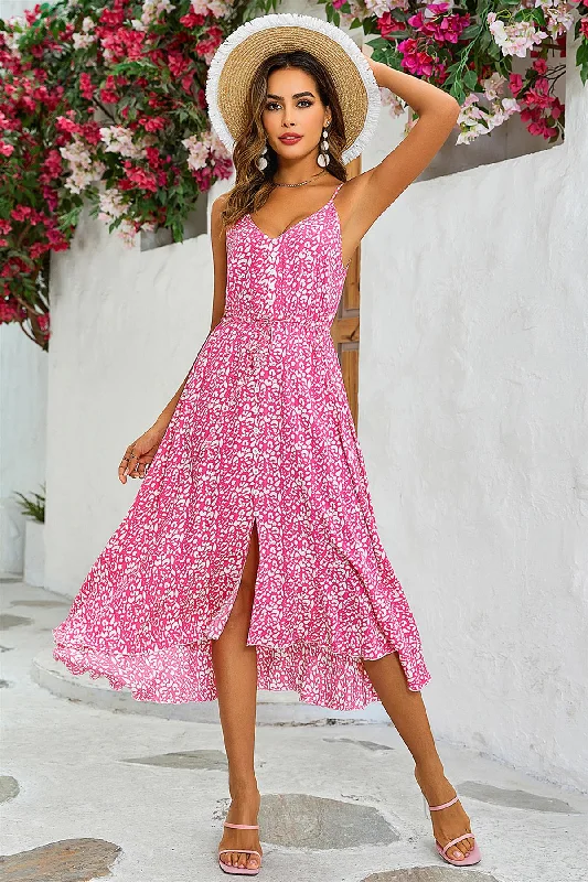 Leopard Print Button Down High Low Strappy Dress In Fuchsia Pink