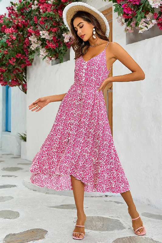 Leopard Print Button Down High Low Strappy Dress In Fuchsia Pink