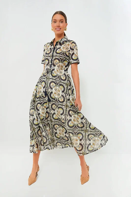 Navy Sundial Printed Cotton Shirtdress