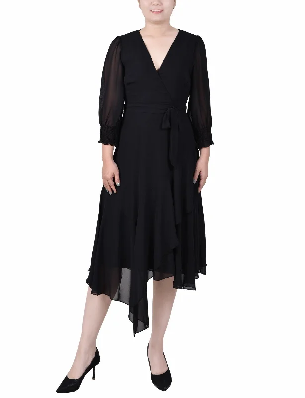 3/4 Length Sleeve Belted Chiffon Handkerchief Hem Dress - Petite