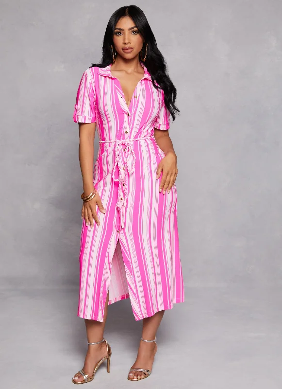 Tie Waist Belted Midi Shirt Dress