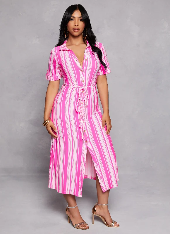 Tie Waist Belted Midi Shirt Dress