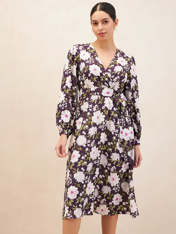 Purple Floral Printed Wrap Midi Dress