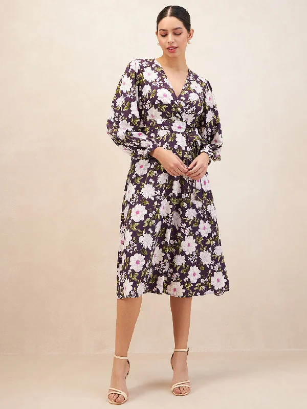 Purple Floral Printed Wrap Midi Dress