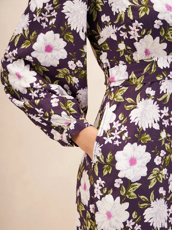 Purple Floral Printed Wrap Midi Dress