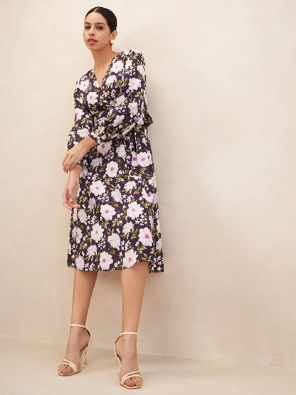 Purple Floral Printed Wrap Midi Dress