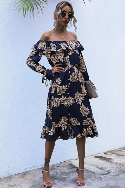 Ruffled Printed Off-Shoulder Midi Dress