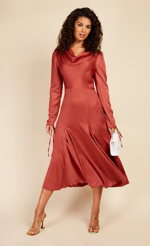 Rust Satin Cowl Neck Midaxi Dress