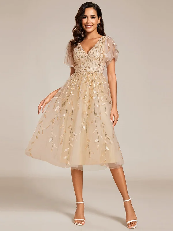 Short Sleeves Leaf Sequin A-Line Midi Formal Wedding Guest Dress