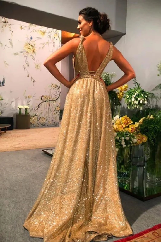 A-line Gold Sequin Empire Prom Dress Long 2020 Sweep Train PSK152