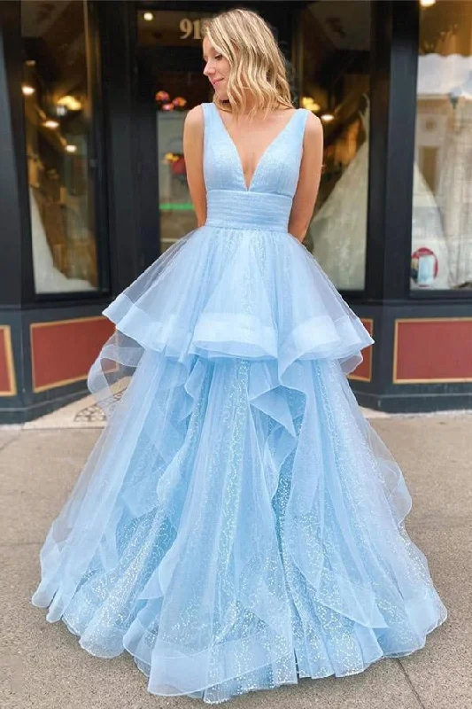 A Line V Neck Floor Length Blue Prom/Formal Dress With Appliques PSK156