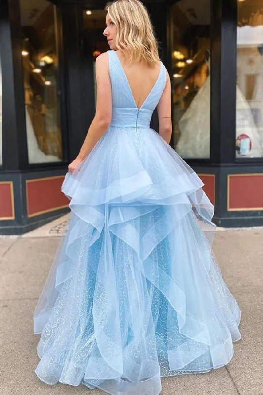 A Line V Neck Floor Length Blue Prom/Formal Dress With Appliques PSK156