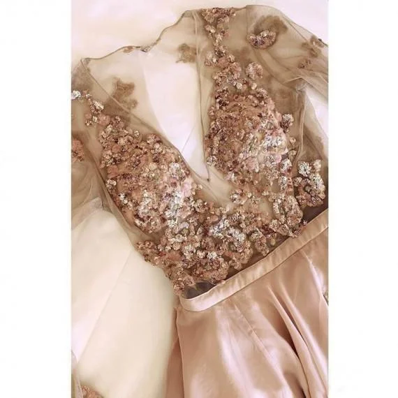 A Line V neck Long Sleeves Light Champagne Prom Dress With Appliques PSK149