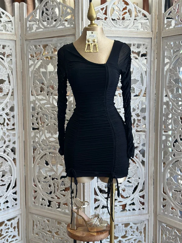 Black Asymmetrical Ruched Mini Dress-Stretchy