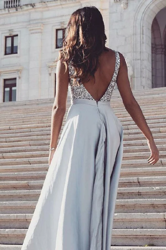 Elegant V Neck Beading Prom Dress Grey Satin Sleeveless Evening Dress PSK150