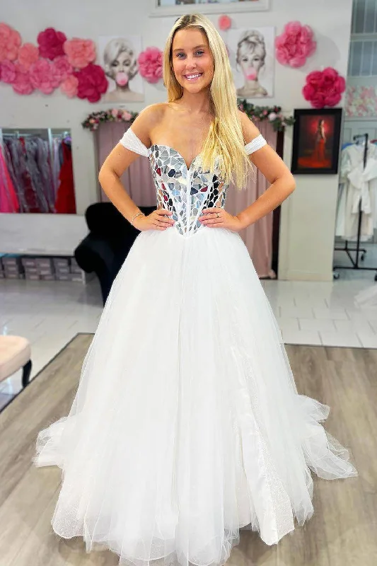 Glitter Corset White Princess Long Mirror Prom Dress