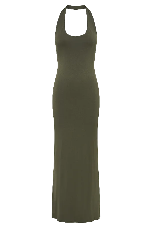 Jessica Modal Halter Maxi Dress - Military Olive