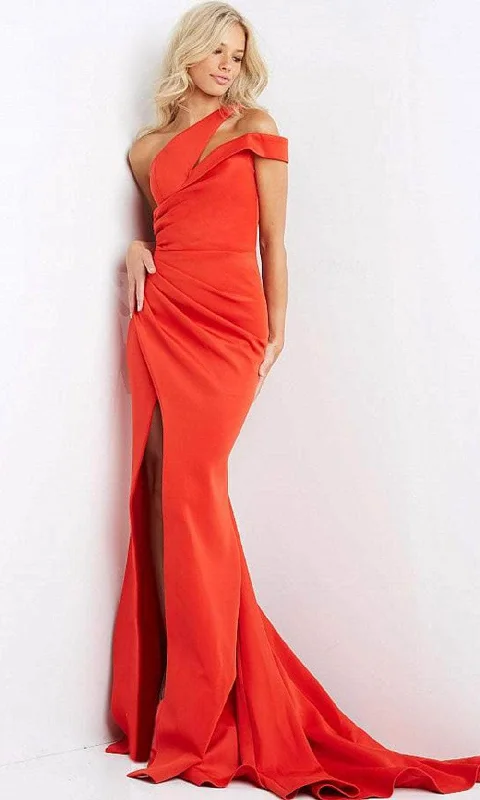 Jovani - 04222 Split One-Shoulder High Leg Slit Evening Gown