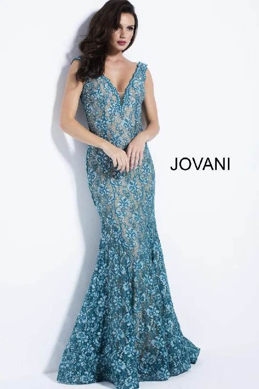 Jovani 57046 V-Neck Lace Mermaid Long Prom Dress