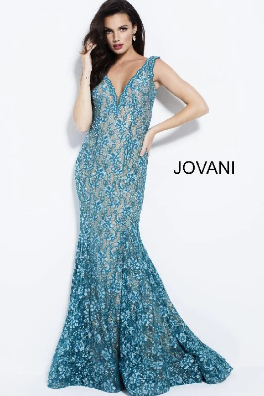 Jovani 57046 V-Neck Lace Mermaid Long Prom Dress