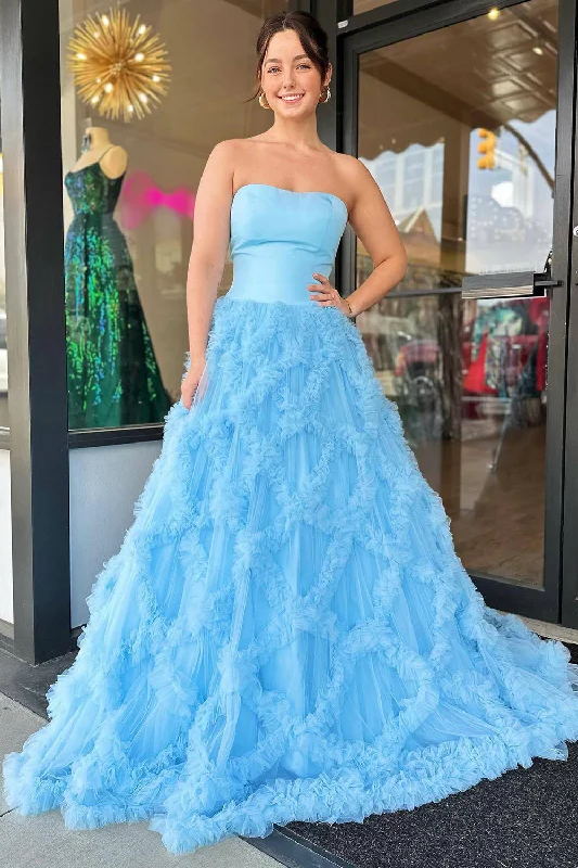 Light Blue Princess Tulle Long Ruffled Prom Dress