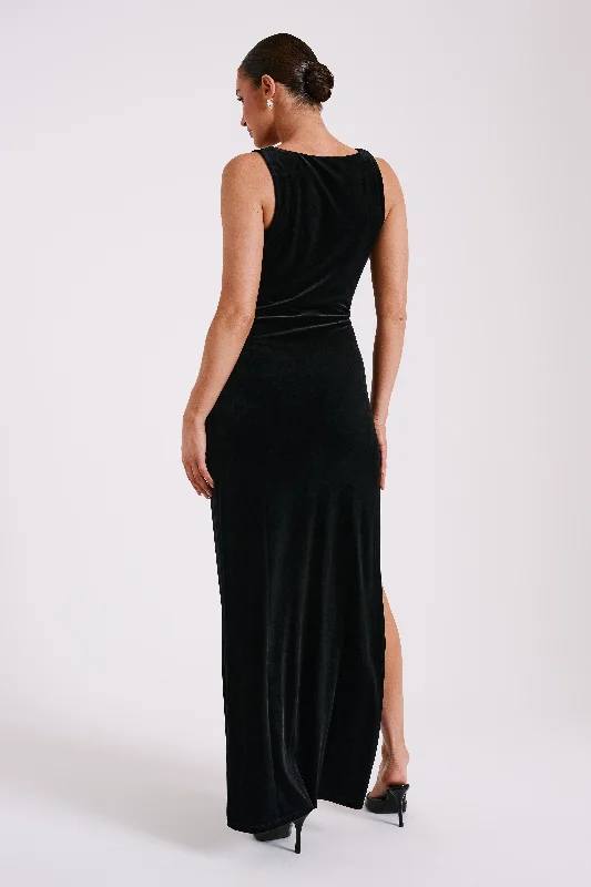 Padma Velvet Maxi Dress With Split - Black