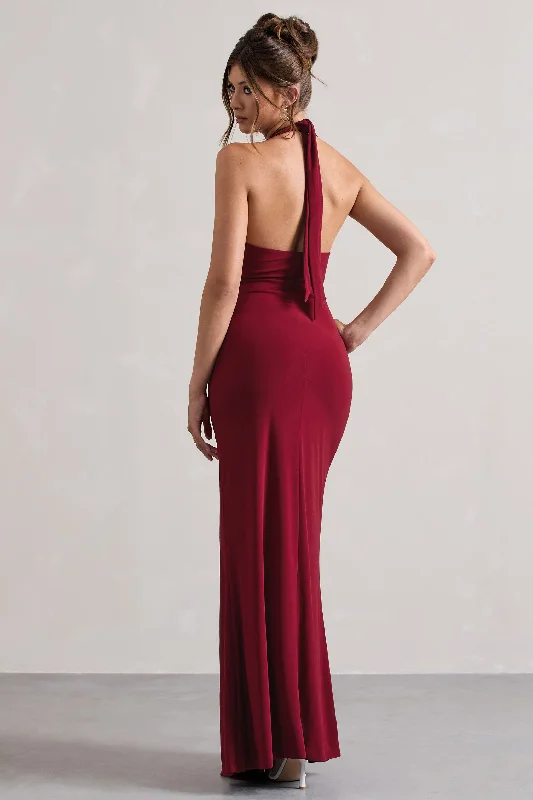 Payton | Berry Ruched Halter-Neck Maxi Dress