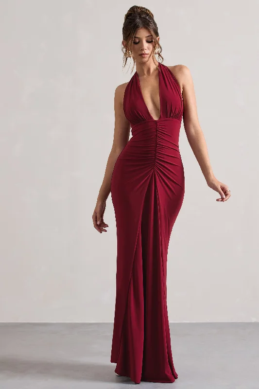 Payton | Berry Ruched Halter-Neck Maxi Dress