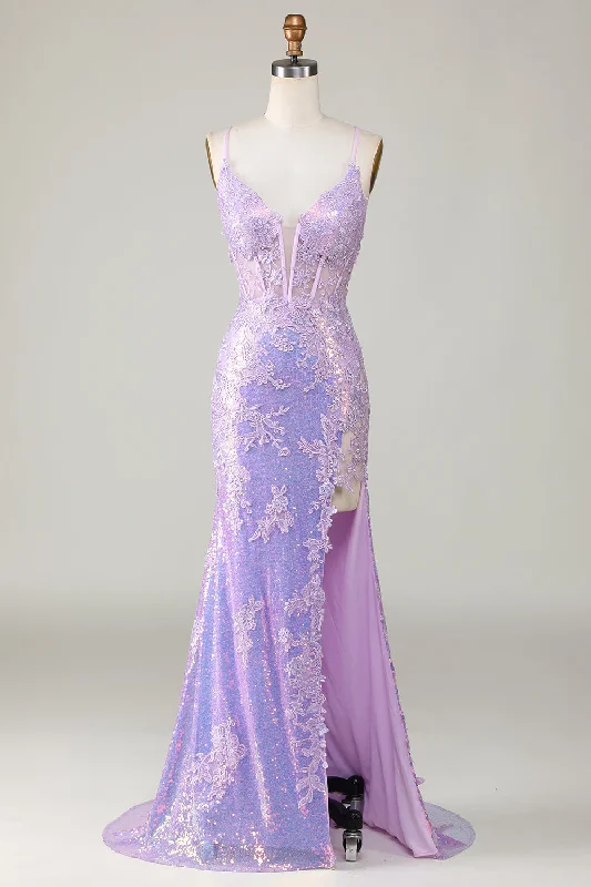 Sparkly Mermaid Spaghetti Straps Purple Corset Prom Dress with Slit