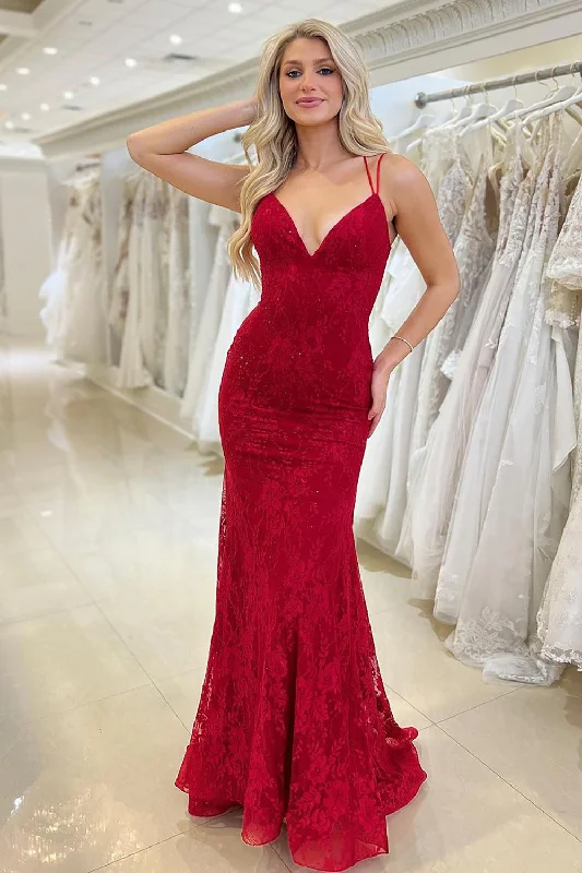 Sparkly Red Mermaid Long Lace Prom Dress