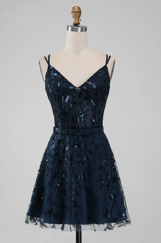 Navy A Line Spaghetti Straps Sparkly Sequins Short Homecoming Dress